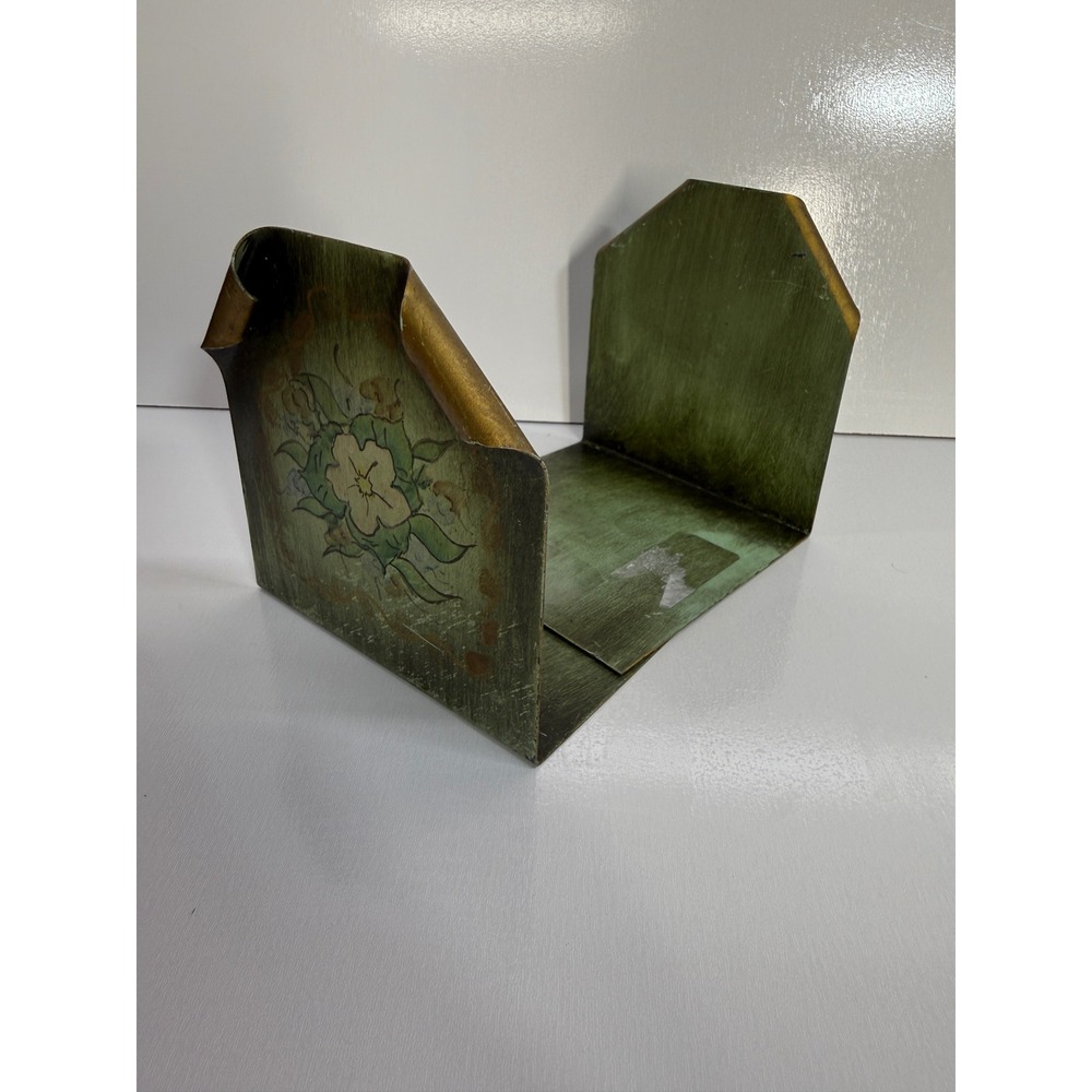 Vintage Hand Painted Metal Bookends Green Floral Gold Scroll Cottagecore VK4009